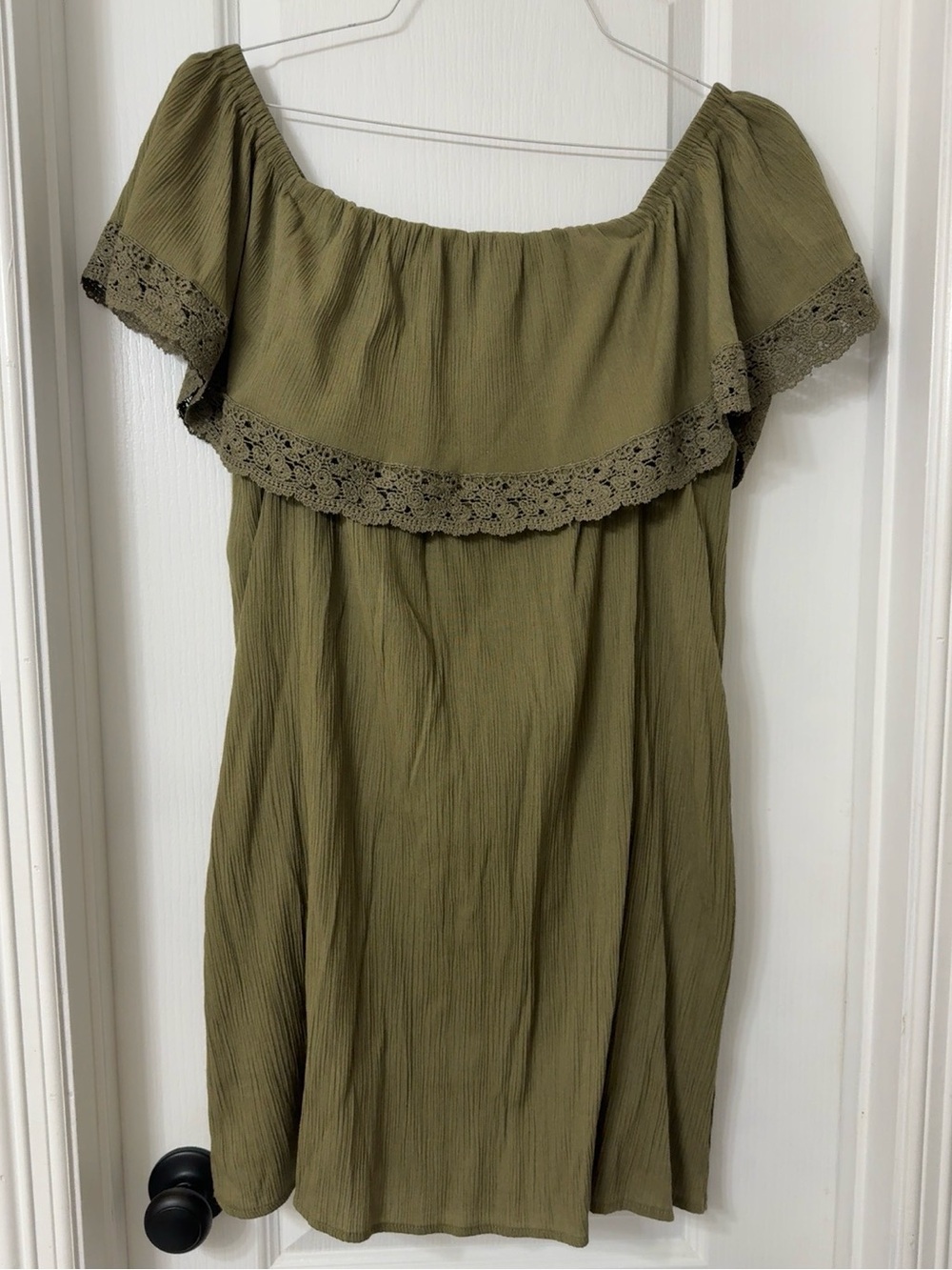 Just found olive green boho tunic dress ruffle off the shoulder neck crochet 1X